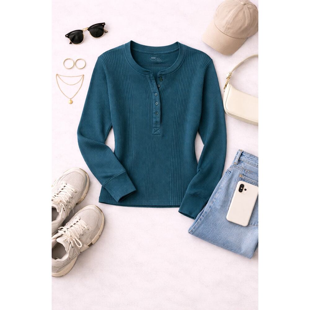 Aerie Women's Ribbed Henley Long Sleeve Top Green Fitted Stretch Size XXL
